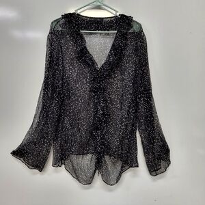 Lafayette 148 Sheer Silk  Blouse Size 18 Ruffle VNeck Button Down Black Stunning